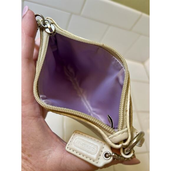 COACH Leather Pouch Beige & Gold Color with Handle Strap‎ 4.0 x 5.9 x 0.8 Inch - Picture 2 of 3